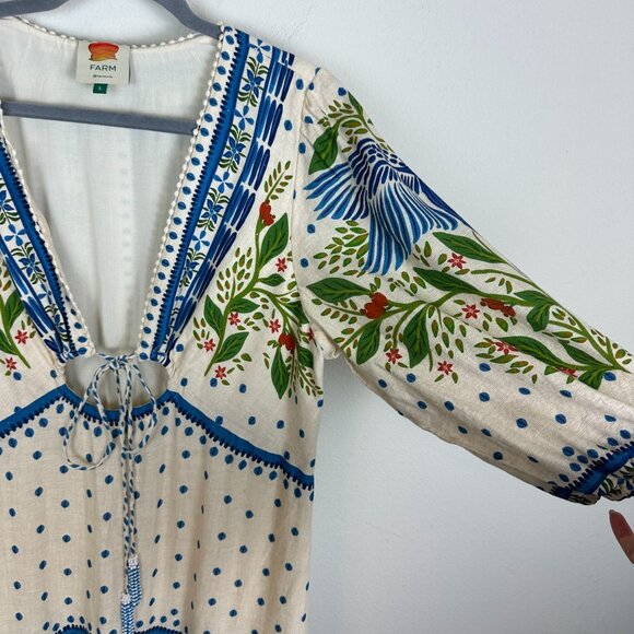 Farm Rio Off White Macaw Flight Maxi Dress L Boho Linen Blend Tiered Summer - Picture 8 of 14